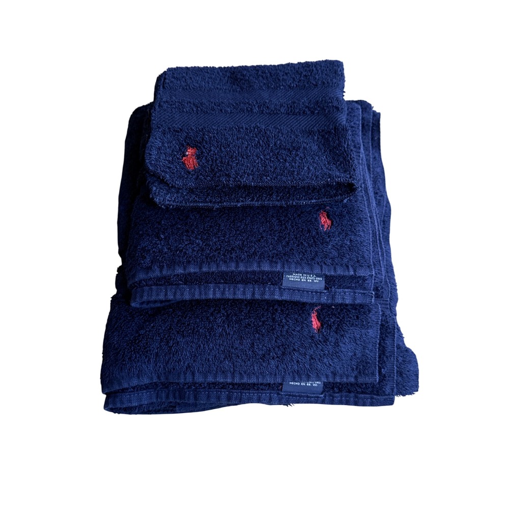 Ralph Lauren Navy Blue Cotton Towel Set Red Pony Logo Made in USA 3 Piece - Picture 1 of 5